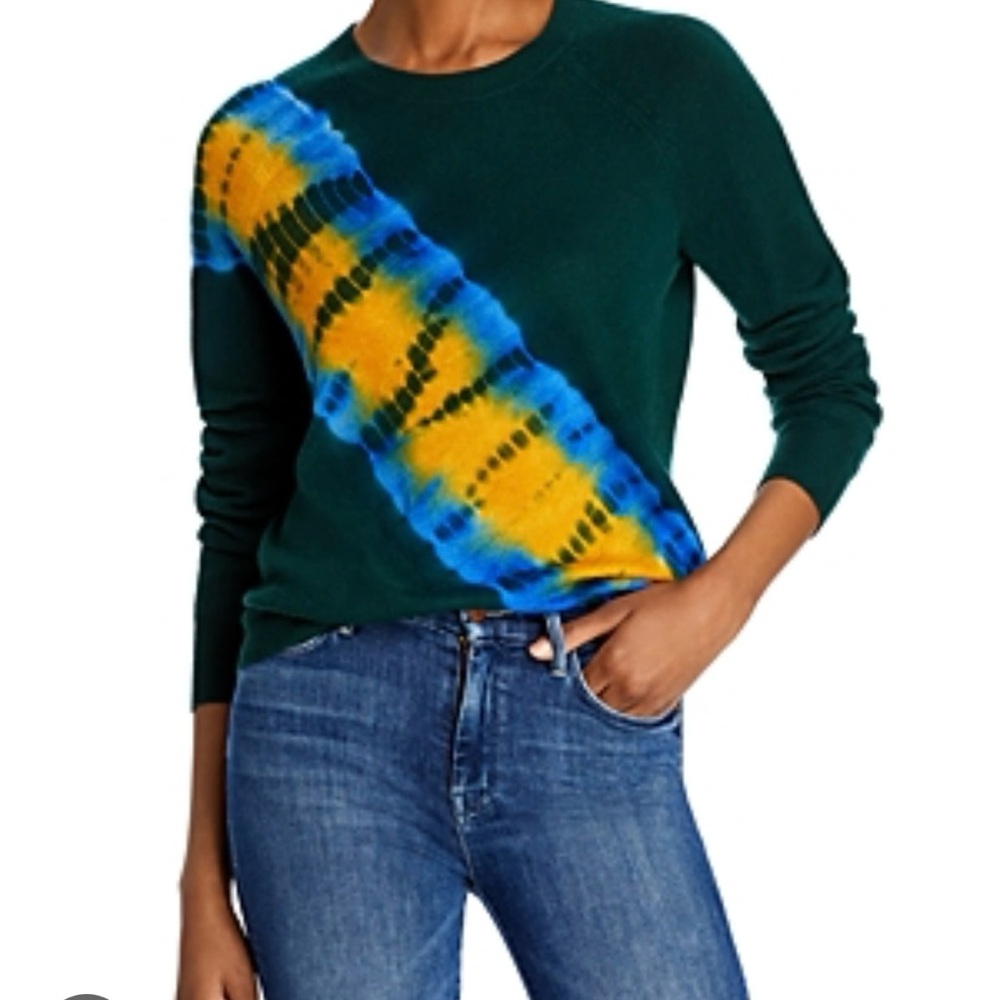 Bloomingdale's Green Sweater with Blue and Yellow Tie-Dye